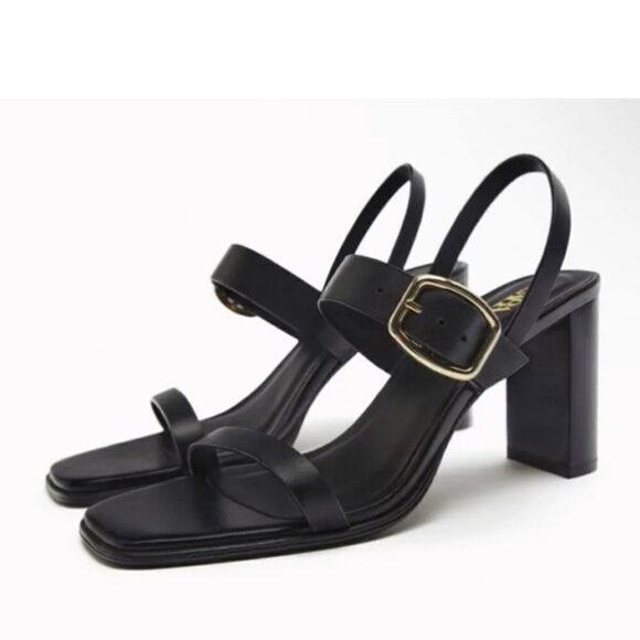 Zara Black Leather Minimalist High Heels Sandals Shoes Size 11 - Picture 1 of 9